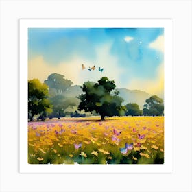 Watercolor Of A Field With Butterflies Art Print