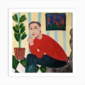 A woman with a plant in a pot on a painting by Matisse in the background Art Print
