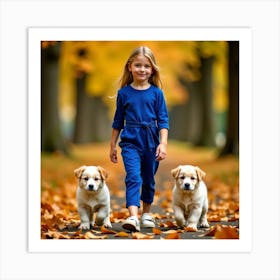 Little Girl With Puppies In Autumn Art Print