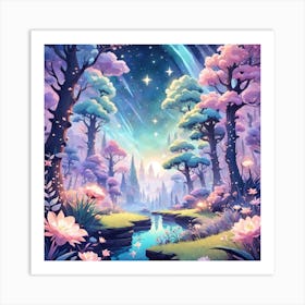 A Fantasy Forest With Twinkling Stars In Pastel Tone Square Composition 243 Art Print