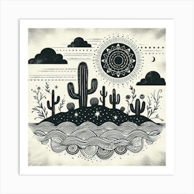 Boho art Silhouette of an island with cacti 2 Art Print