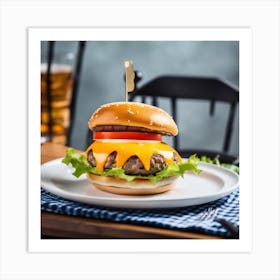 Hamburger On A Plate With Beer Art Print