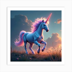 A Mythical Unicorn With A Mane Of Glowing, Fractal Colors Galloping Through A Surreal Meadow 1 Art Print