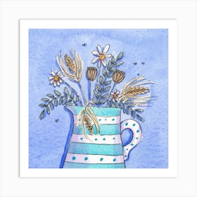 Stripey And Spotty Jug With Daisies And Barley Square Art Print