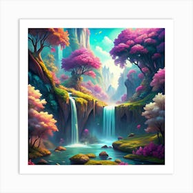 Waterfall In A Colorful Fantasy Landscape Art Print