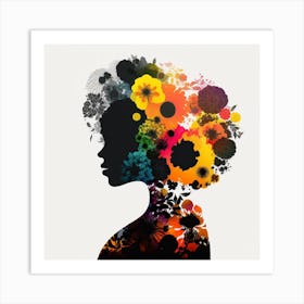 Silhouette Of A Woman With Flowers Art Print