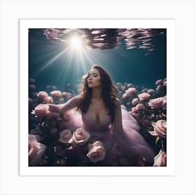 Tyndall Effect, A Beautiful Gregnent Women Lies Underwater In Front Of Pale Purpur Roses, Dress, Sun (1) Art Print