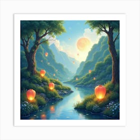 Watercolor Enchanted Valley With Floating Lanterns 1 Art Print