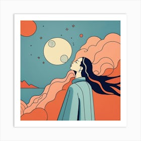 Woman Staring At The Moon Art Print