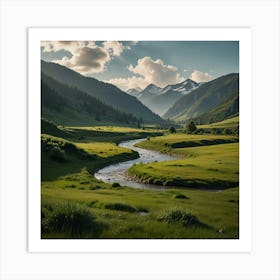 A Serene Mountain Valley With A Clear, Winding River And Lush Green Meadows Art Print