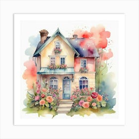 Watercolor House With Flowers Art Print 3 Art Print