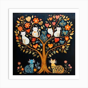 Folk Art Heart Tree Cat Climbing Artwork 8 Art Print