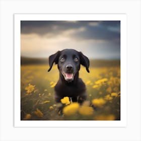 Black Dog In A Field Of Yellow Flowers Art Print