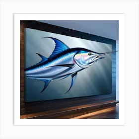 A Breathtakingly Rendered Illustration Of A Majestic Bluefin Marlin, Meticulously Mounted On A Sleek, Dark Stained Wooden Wall, With Meticulous Attention To Detail, Showcasing The Fish S Iridescent Blue And Silver Scales Glimmering 2 Art Print