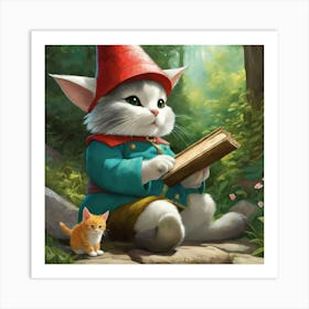 Cute Kawaii Gnome Girl Sitting And Painting Her Cats Back With Magic Brushstunning Masterpiece B 678276440 (1) Art Print