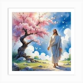 Jesus Walking Under A Cherry Tree Póster