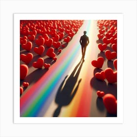 Man Walking Through A Rainbow Of Hearts Art Print