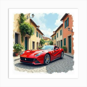 Ferrari Parked On A Watercolor Quaint Village Street With Cobblestones 1 1 Art Print