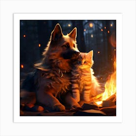 Abstract Kitten Cuddled Up To A german Shepherd By A Campfire Art Print