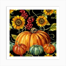 Autumn harvest of pumpkins, berries and sunflowers Colorful pumpkins and pumpkin harvest 3 Art Print