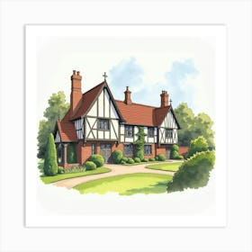 Watercolor Of The Bramall Hall In Manchester, Capturing Its Tudor Design And Surrounding Gardens Art Print