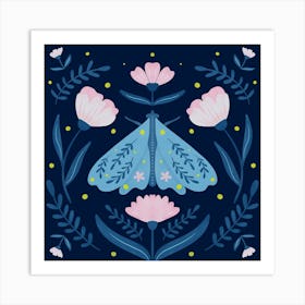 Moth and Flowers - blue and pink Art Print