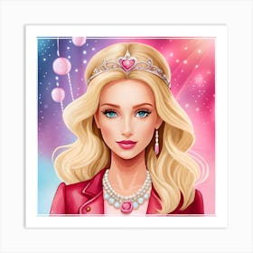 Barbie Princess, Pink Barbie Doll, Cartoon Illustration, Digital Art Print, Baby girl room decor Art Print