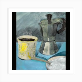 Cup of Steaming Coffee, Moka Machine, Sugar Bowl with Spoon. Digital Painting On Acrylic Base On Paper. Art Print