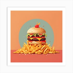 Burger Fries Cheese Melting Fresh Basil Tomato Olives Sandwich French Fries Fast Food Art Print