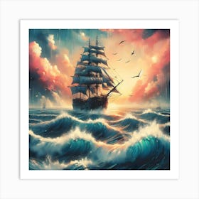 Sailing Ship In Stormy Sea Art Print