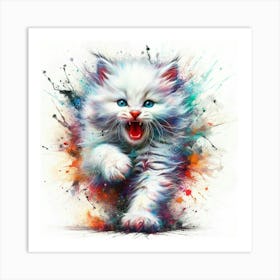 White Cat Running Art Print