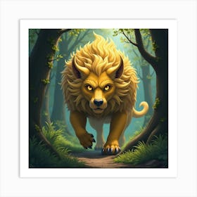 A Legendary Beast With Golden Fur And Piercing Eyes Prowling Through A Dense Forest Art Print