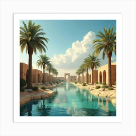 A Serene Oasis With Palm Trees, Clear Water, And Traditional Egyptian Villagers Art Print