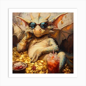 Cool Dragon Lounging on Gold Background 3 Art Print