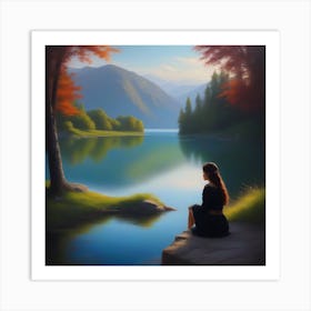 Girl Sitting By The Lake Art Print