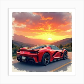 A Sleek Ferrari Under A Sunset Sky In Watercolor With A Mountain Backdrop 1 1 Art Print