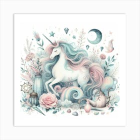 Unicorns And Flowers Art Print