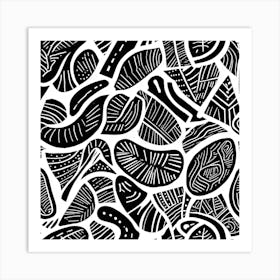 Retro Inspired Linocut Abstract Shapes Black And White 0 1 Art Print