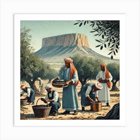 Tunisian farmers wearing traditional clothing, harvesting olives from trees. In the background, the Jugurtha Table (a large, flat-topped mountain in North Western Tunisia Art Print