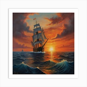 Sailing Ship At Sunset Art Print