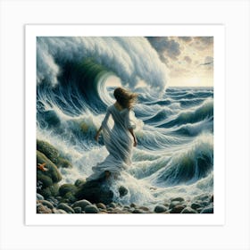 Woman Walks Through The Waves Art Print