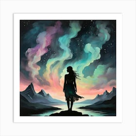 Boho art Silhouette of Northern lights 5 Art Print