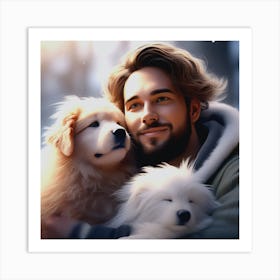 Portrait Of A Man Hugging His Dogs Art Print