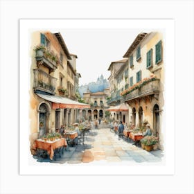 Italian Cafe Street With Old Buildings, Watercolor Painting Art Art Print