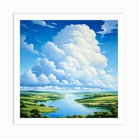 Cumulus Clouds Cotton Like In Texture Dominate The Expansive Azure Sky While A Serene Landscape Un Art Print