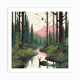 Forest Landscape, A Serene Forest Landscape With Wildlife Living In Harmony Art Print