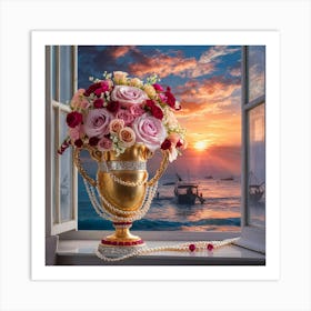 Sunset With Roses Art Print