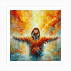 Abstract painting A stunning expressionist painting with a vibrant color palette dominated by orange, reds, and yellows. The thick, loose brushstrokes create a sense of movement and energy, with visible paint drips and spatters adding to the overall texture. The focal point is a young girl wearing a hoodie, her arms outstretched as if embracing the world. The background is a dreamlike, impressionistic landscape with distorted perspectives, showcasing a dynamic interplay of colors and shapes. The overall atmosphere is vivid, dynamic, and full of life.. Art Print