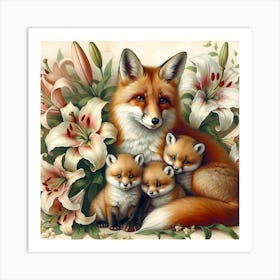 Fox And Lilies Art Print