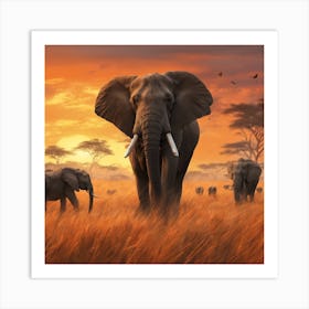 Elephants In The Savannah Art Print